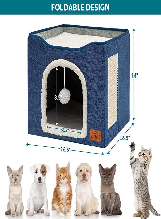 Qpets® Cat Beds for Cats Large Cat House Cat Cave for Pet Cat House with Fluffy Ball Hanging Toy and Scratch Pad, Foldable Cat House Cat Hidewawy, Blue, 16.5x16.5x14 inches - Image 2